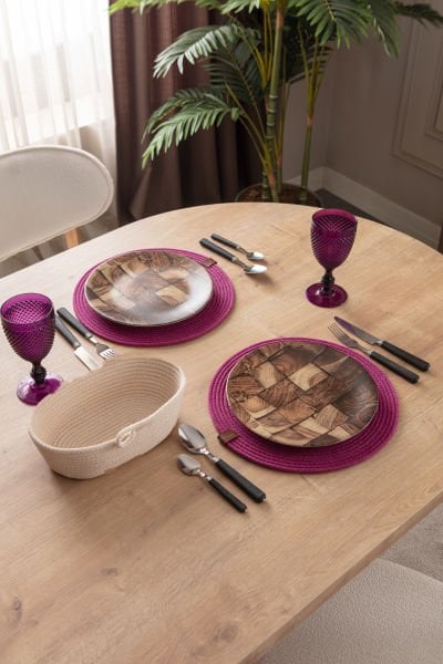 7 parça  %100 Pamuk El Yapımı Amerikan Servis Supla-Ekmek sepeti Seti/Krem-Mor