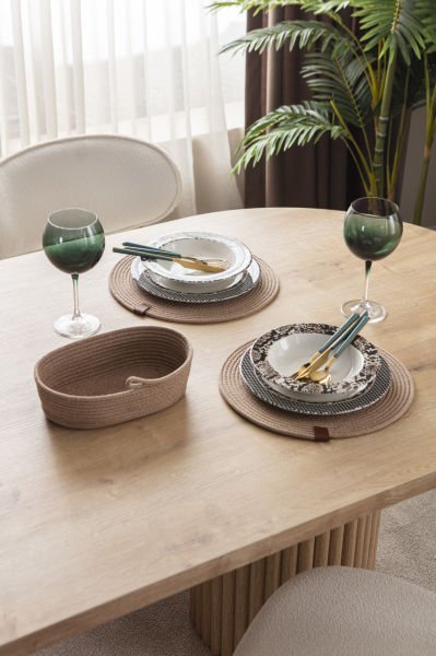 7 parça  %100 Pamuk El Yapımı Amerikan Servis Supla-Ekmek sepeti Seti/Bej