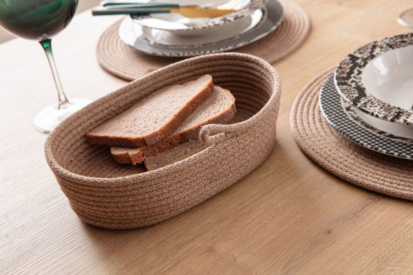 7 parça  %100 Pamuk El Yapımı Amerikan Servis Supla-Ekmek sepeti Seti/Bej