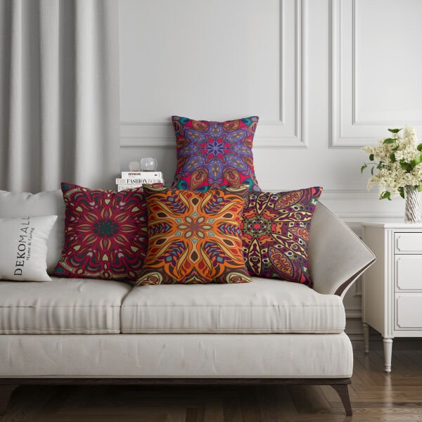 Çift Taraflı Renkli Mandala 4'lü Kırlent Kılıfı 407