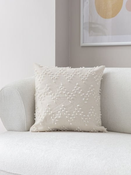 Zigzag Desen Bohem Punch Dokuma Kırlent Kılıfı Krem