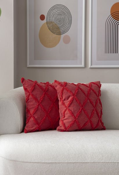 2'li Set Geometrik Desen Bohem Punch Dokuma Kırlent Kılıfı Gül Kurusu