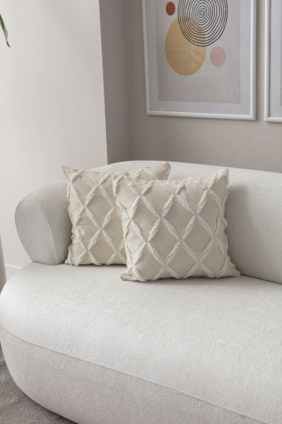 2'li Set Geometrik Desen Bohem Punch Dokuma Kırlent Kılıfı Krem