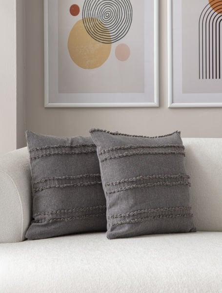 2'li Set Şerit Desen Bohem Punch Dokuma Kırlent Kılıfı Gri