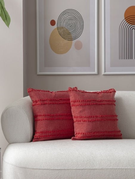 2'li Set Şerit Desen Bohem Punch Dokuma Kırlent Kılıfı Gül Kurusu