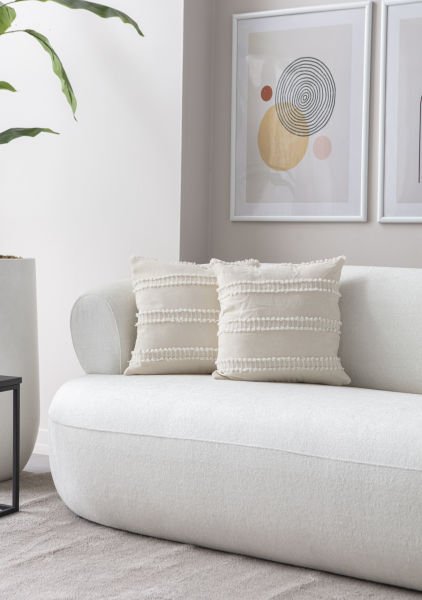 2'li Set Şerit Desen Bohem Punch Dokuma Kırlent Kılıfı Krem