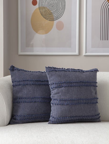 2'li Set Şerit Desen Bohem Punch Dokuma Kırlent Kılıfı Mavi