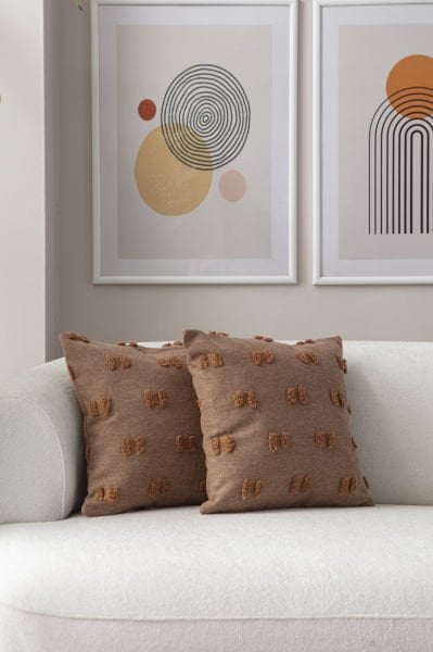 2'li Set Kahverengi Bohem Punch Dokuma Kırlent Kılıfı