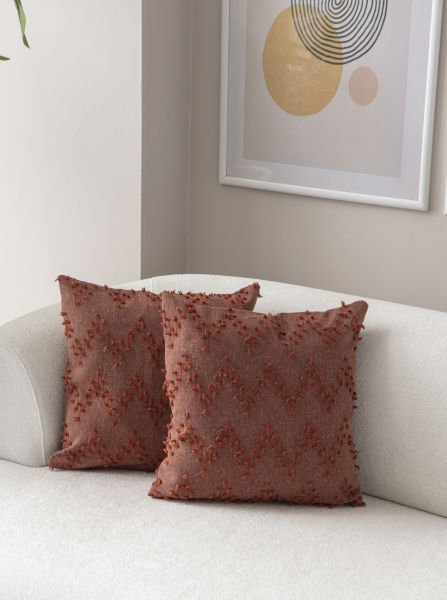 2'li Set Zigzag Desen Bohem Punch Dokuma Kırlent Kılıfı Kiremit