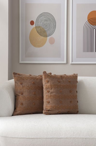 2'li Set Puantiye Detay Bohem Punch Dokuma Kırlent Kılıfı Kahverengi