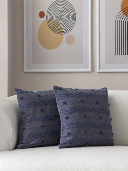 2'li Set Puantiye Detay Bohem Punch Dokuma Kırlent Kılıfı Mavi