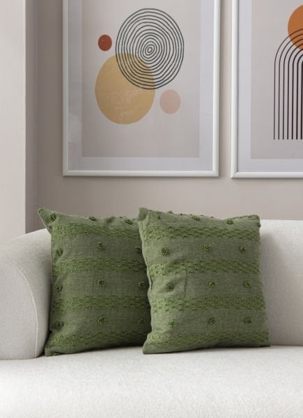 2'li Set Puantiye Detay Bohem Punch Dokuma Kırlent Kılıfı Yeşil