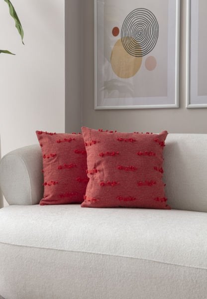 2'li Set Şerit Bohem Punch Dokuma Kırlent Kılıfı Gül Kurusu