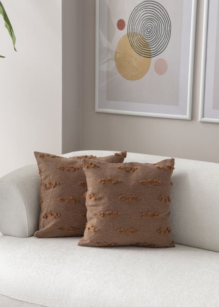 2'li Set Şerit Bohem Punch Dokuma Kırlent Kılıfı Kahverengi