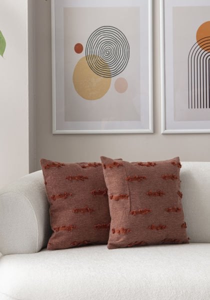 2'li Set Şerit Bohem Punch Dokuma Kırlent Kılıfı Kiremit