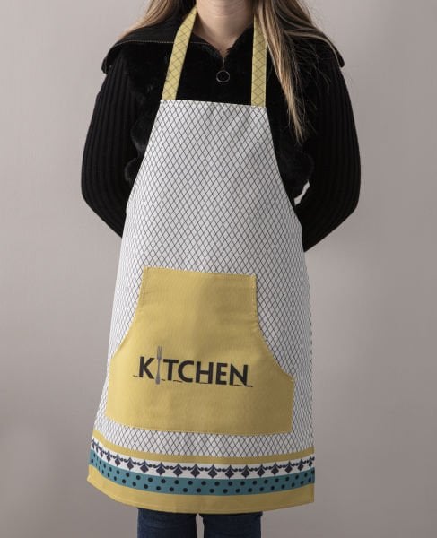 Kitchen Sloganlı Pamuk Keten Cepli  Mutfak Önlüğü  55x70 Cm