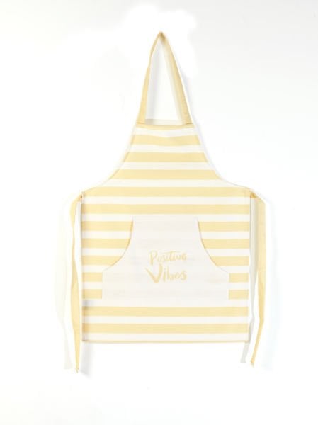 Positive Vibes Sloganlı Pamuk Keten Cepli  Mutfak Önlüğü  55x70 Cm-Sarı