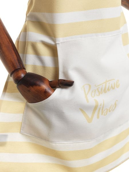 Positive Vibes Sloganlı Pamuk Keten Cepli  Mutfak Önlüğü  55x70 Cm-Sarı
