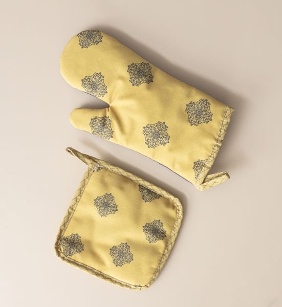 2'li Pamuk Keten Mutfak Eldiven Takımı - 18x18 Cm+35x19 Cm Sarı