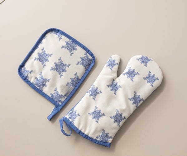 2'li Pamuk Keten Mutfak Eldiven Takımı Mavi- 18x18 Cm+35x19 Cm