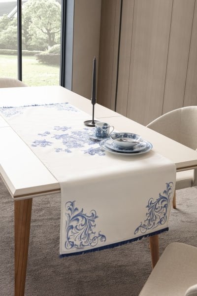 Şerit Püskül Detay Pamuk-Keten Runner 45x140 Cm Krem-Mavi