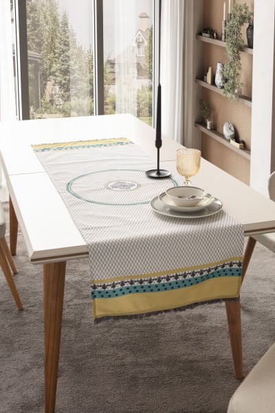 Dekomall Şerit Püskül Detay Pamuk-Keten Runner 45x140 Cm Krem-Hardal