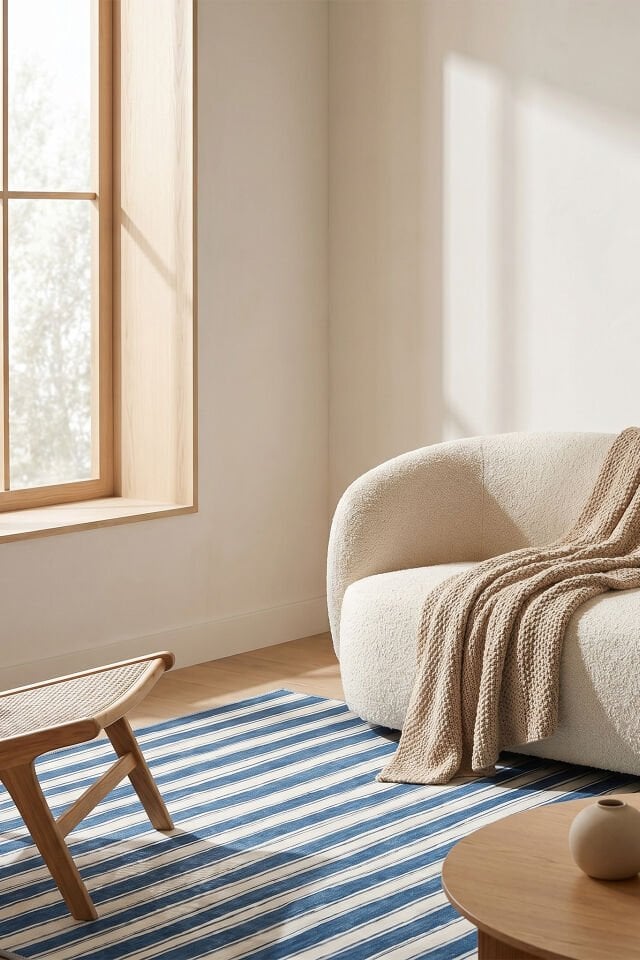 Maris Çizgili Makinede Yıkanabilir Bambu Halı Mavi