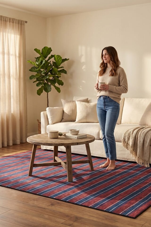 Maris Çizgili Makinede Yıkanabilir Bambu Halı Bordo