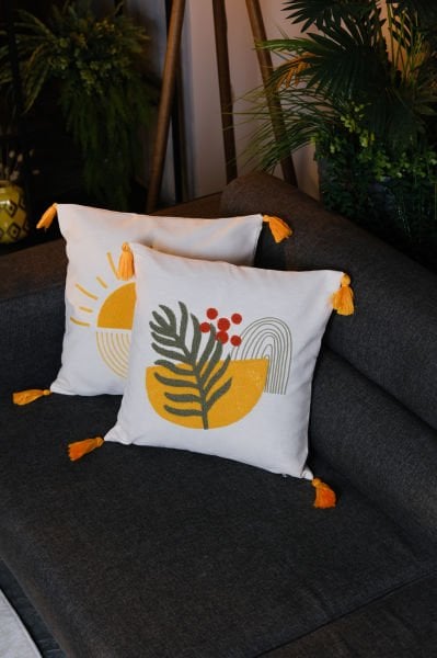 2'li set Püsküllü Punch Panç Nakışlı Kırlent Kılıfı 006 43x43 cm