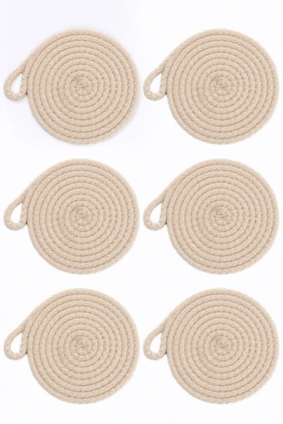 6'lı Pamuk Askı Halkalı Yuvarlak Bardak Altlığı – Krem (13 cm)