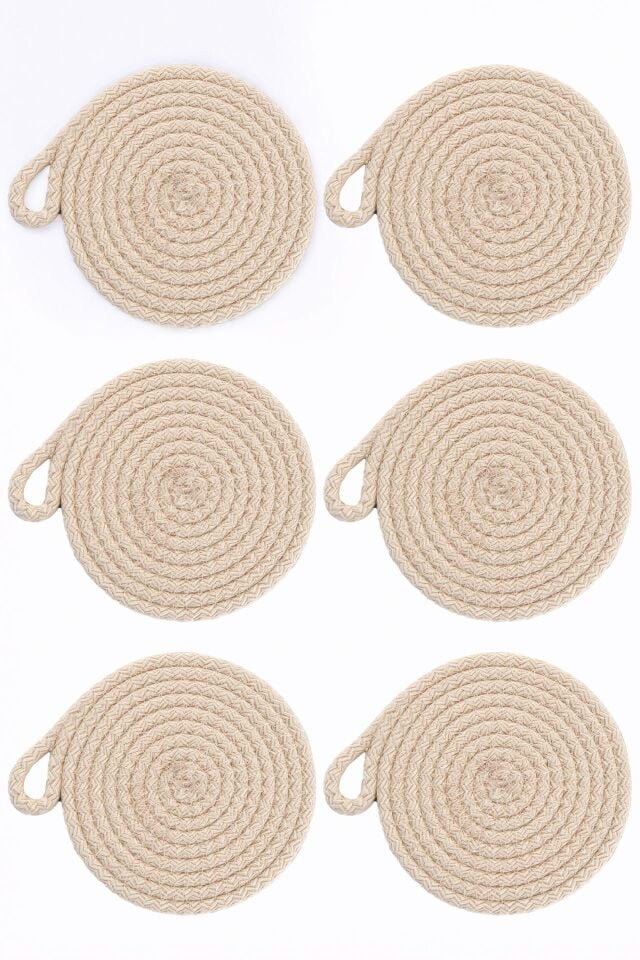 6'lı Pamuk Askı Halkalı Yuvarlak Bardak Altlığı – Krem (13 cm)