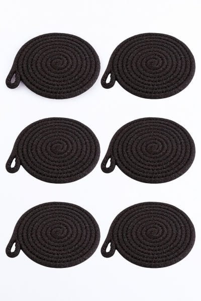 6'lı Pamuk Askı Halkalı Yuvarlak Bardak Altlığı – Siyah (13 cm)