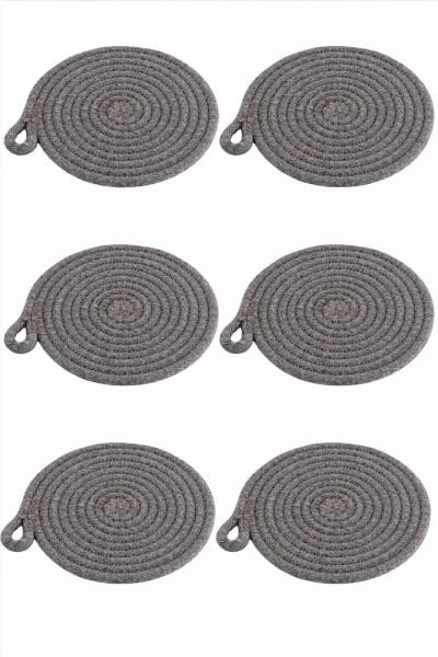 6'lı Pamuk Askı Halkalı Yuvarlak Bardak Altlığı – Gri (13 cm)