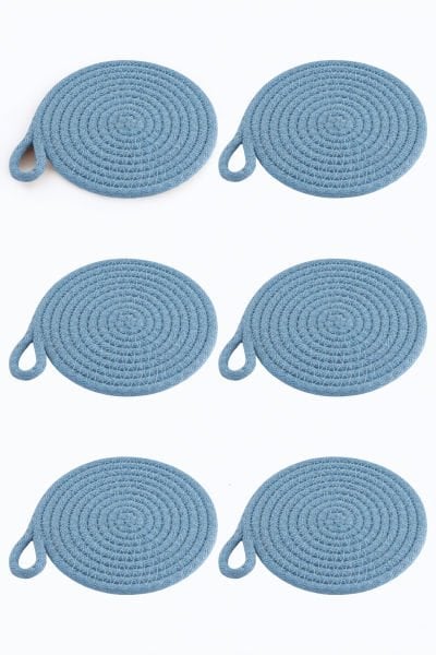 6'lı Pamuk Askı Halkalı Yuvarlak Bardak Altlığı – Bebek Mavisi (13 cm)