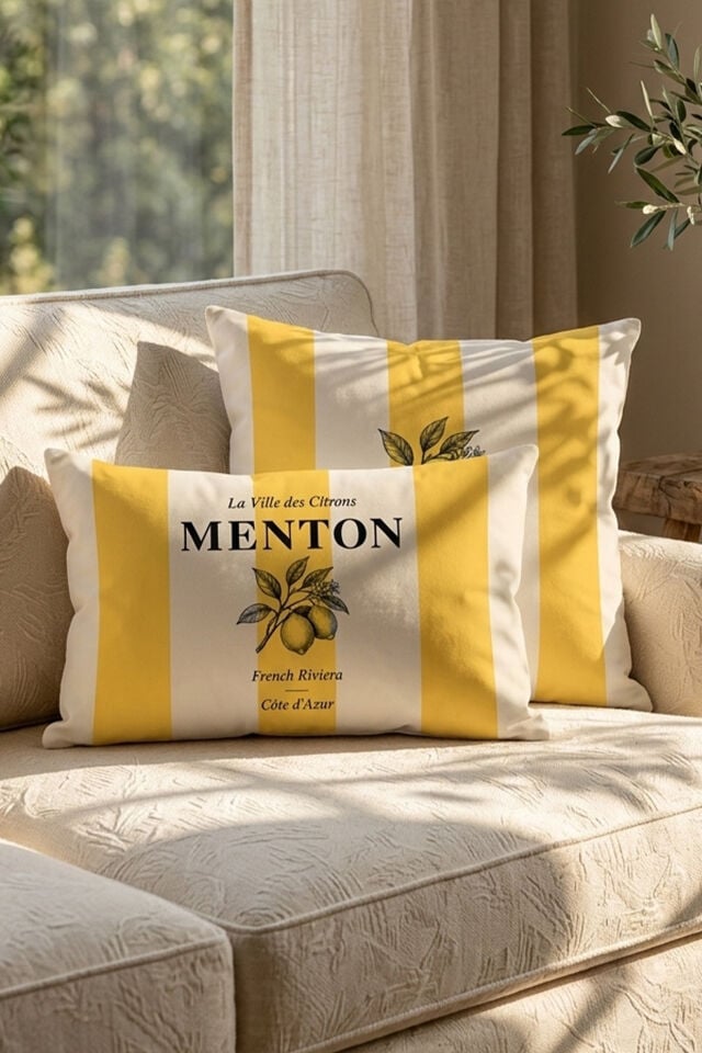 Menton Limon Çizgili Kırlent Kılıfı