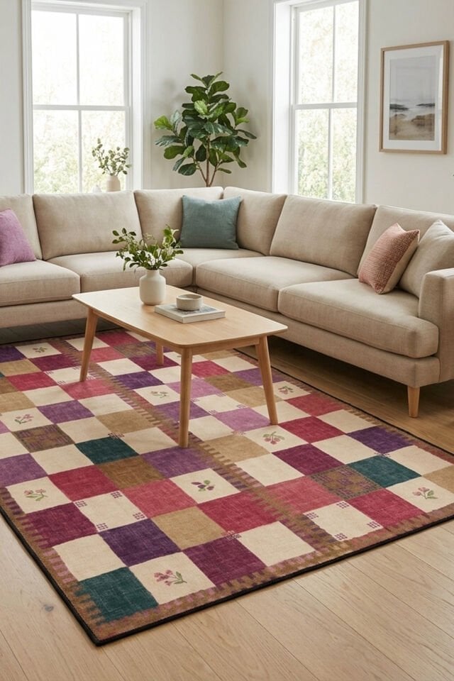 Çiçek Desenli Patchwork Makinede Yıkanabilir Bambu Halı Kırmızı