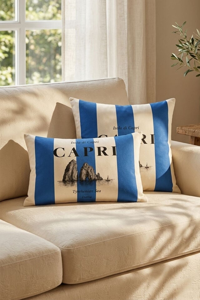 Capri Mavi Çizgili Kırlent Kılıfı