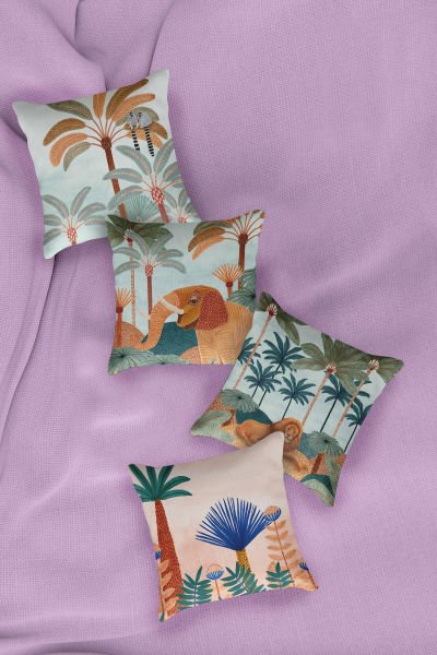 Saffran Blue Palm Dörtlü Kırlent Kılıfı 072