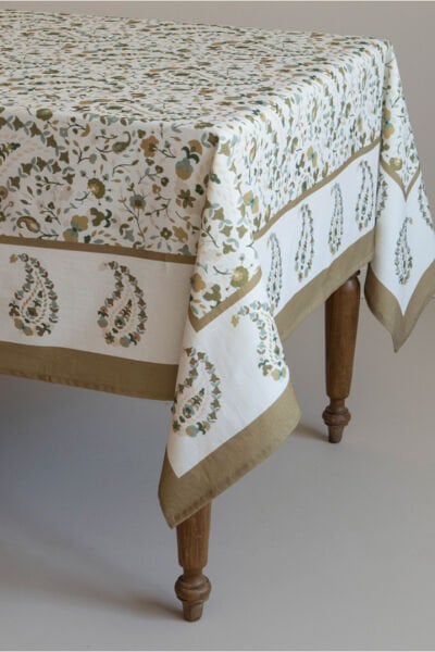 Bej  Bordürlü Paisley Pamuklu Masa Örtüsü-MSOR013