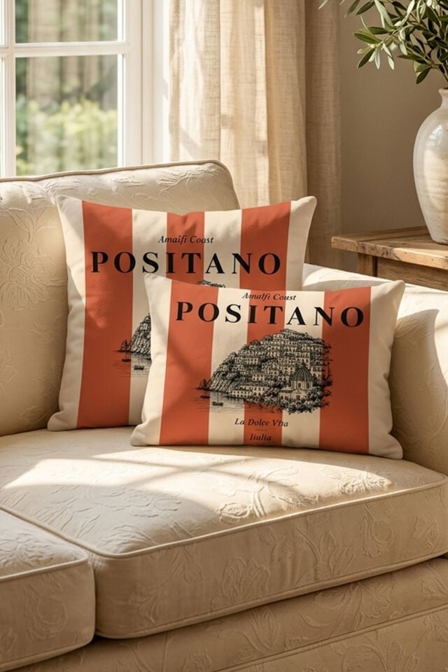 Positano Mercan Çizgili Kırlent Kılıfı