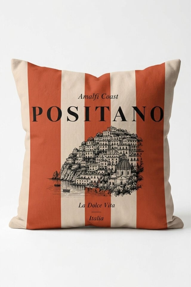 Positano Mercan Çizgili Kırlent Kılıfı