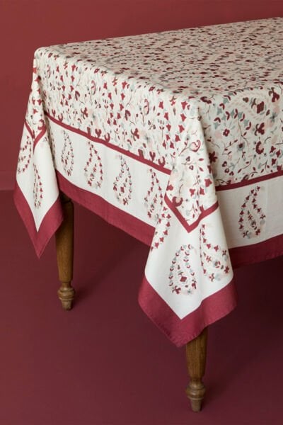 Bordo  Bordürlü Paisley Pamuklu Masa Örtüsü-MSOR014