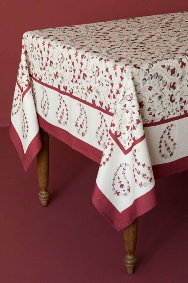 Bordo  Bordürlü Paisley Pamuklu Masa Örtüsü-MSOR014