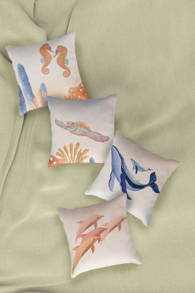 Saffran  Sea Animals  Dörtlü  Kırlent Kılıfı 073