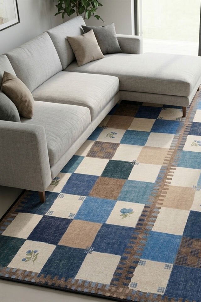 Çiçek Desenli Patchwork Makinede Yıkanabilir Bambu Halı Mavi