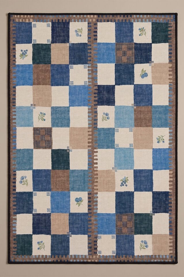 Çiçek Desenli Patchwork Makinede Yıkanabilir Bambu Halı Mavi
