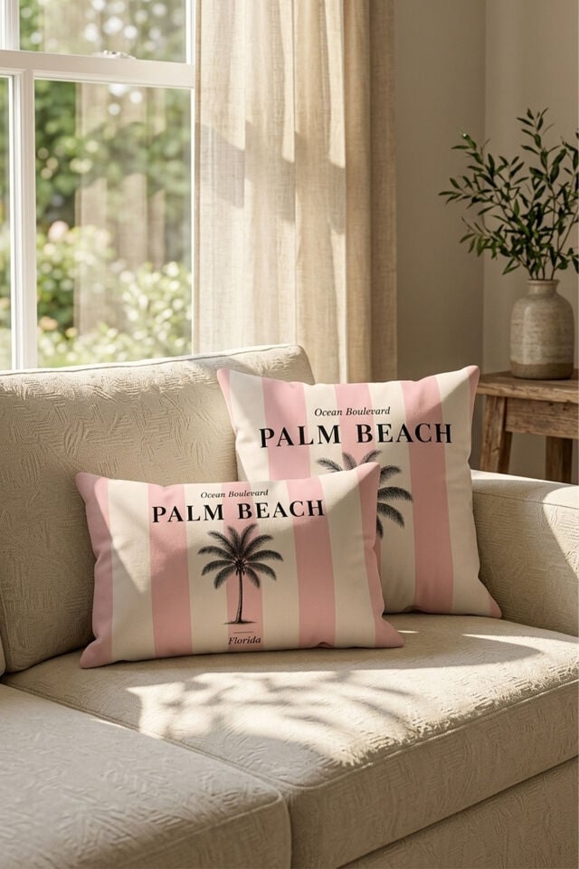 Palm Beach Pembe Çizgili Kırlent Kılıfı