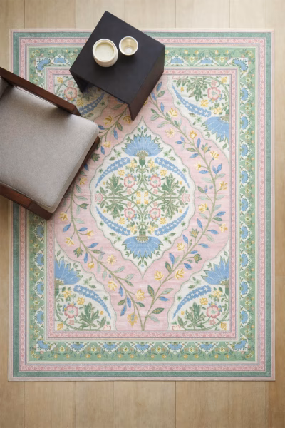 Pastel Flora Bordürlü Otantik Bohem Yıkanabilir Dokuma Taban Bambu Halı