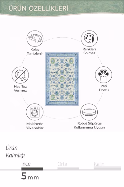 Mavi Azure Bordürlü  Yıkanabilir Dokuma Taban Bambu Halı-RUG002